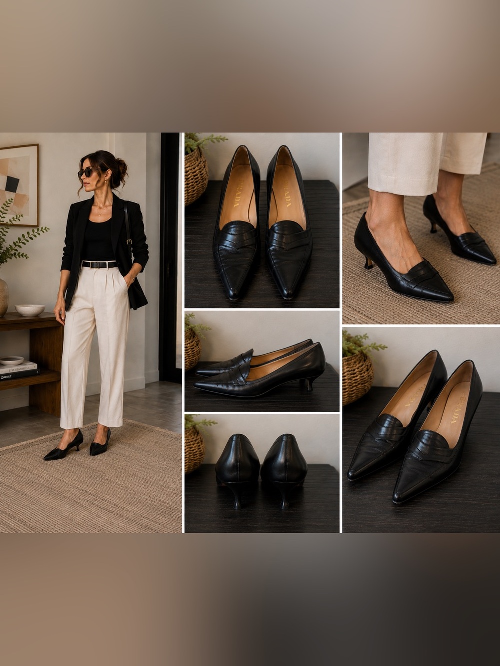 Prada Vintage Black Leather Pointed Toe Loafer Kitten Heel Pumps 37